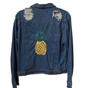 Marci Distressed Denim Trucker Jacket Sequin Pineapple Embellishment Womens M
